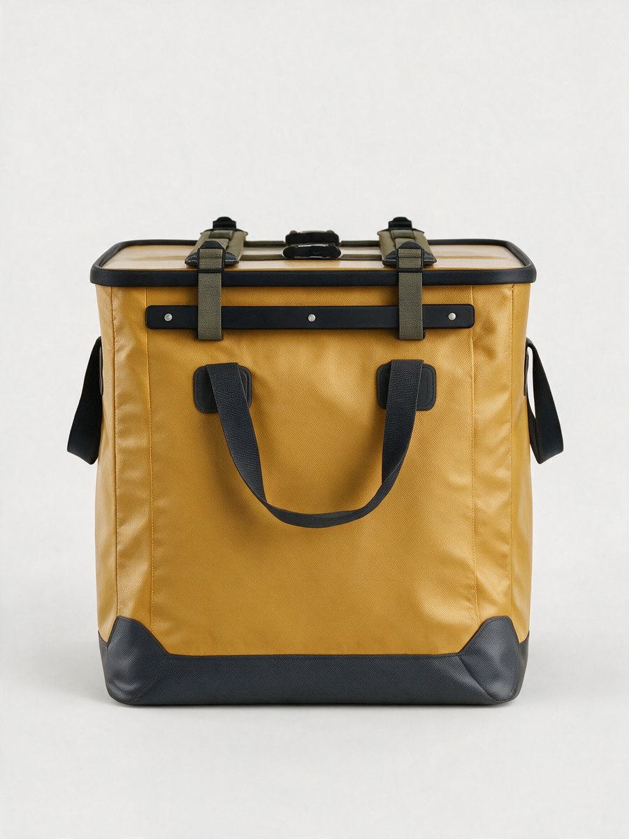 Product view of the studio outdoor tote on a plain background: mustard coated fabric, black base and handles, two olive straps on the lid