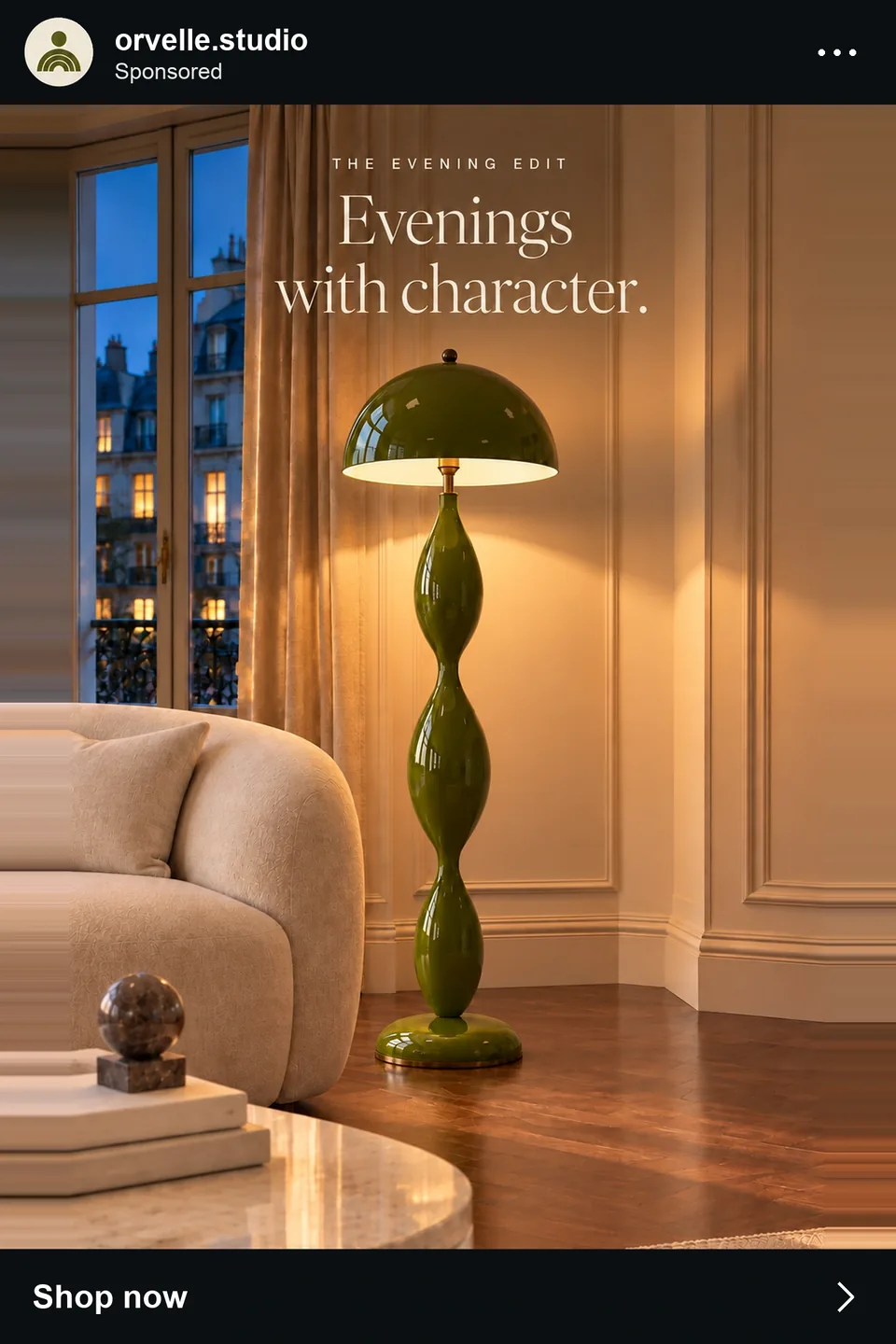 Ad creative: a green floor lamp lit at dusk in an apartment, headline 'Evenings with character', fictional brand orvelle.studio