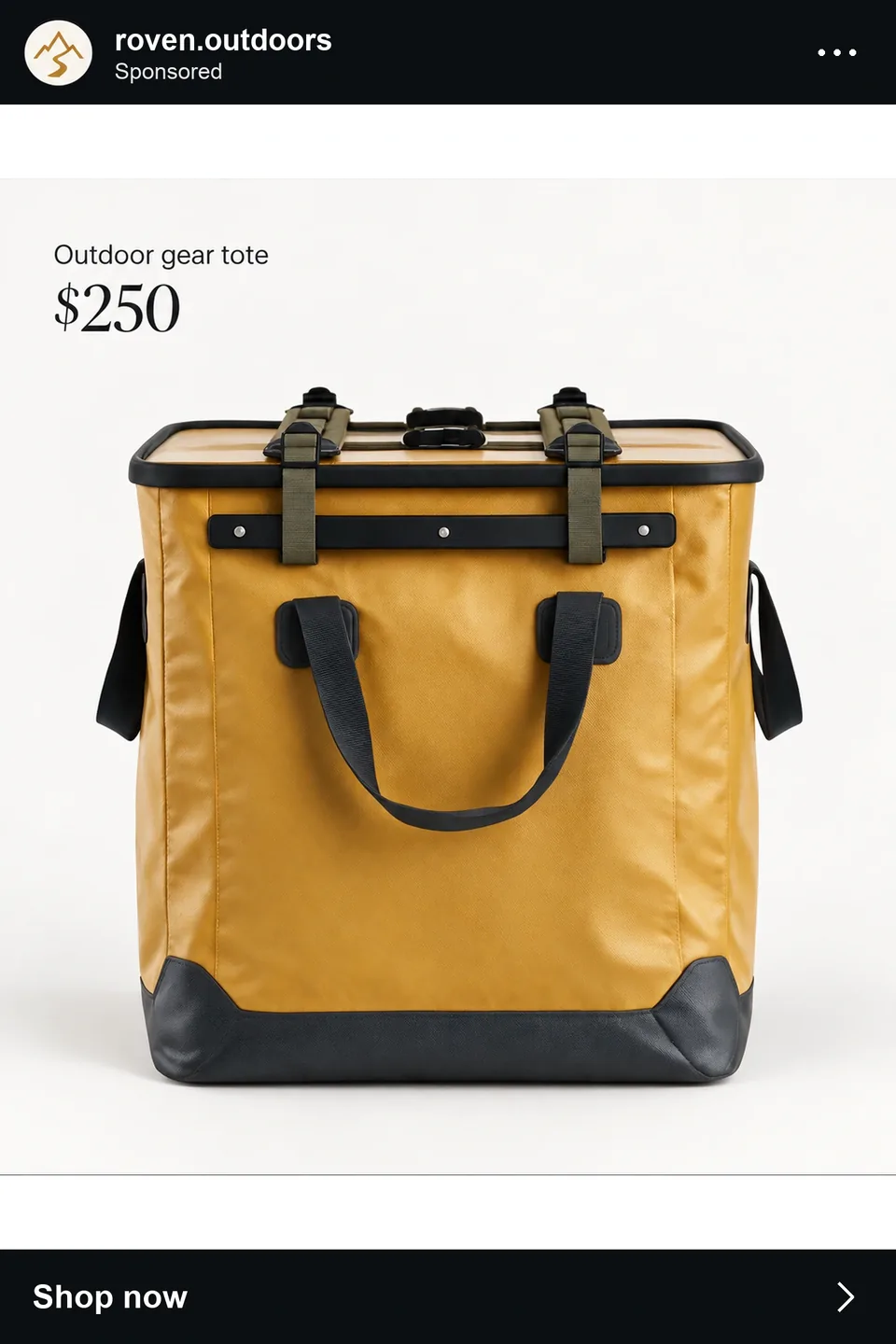 Ad creative: a mustard outdoor gear tote on a plain background with its price, fictional brand roven.outdoors