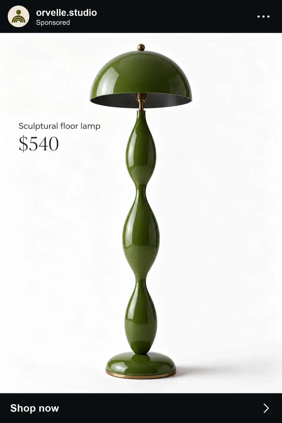 Ad creative: the green floor lamp as a product view with its price, fictional brand orvelle.studio