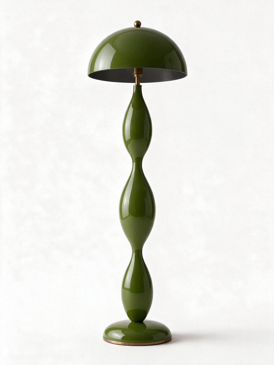 Product view of the studio floor lamp on a plain white background: green dome shade on a stem of three stacked glass forms